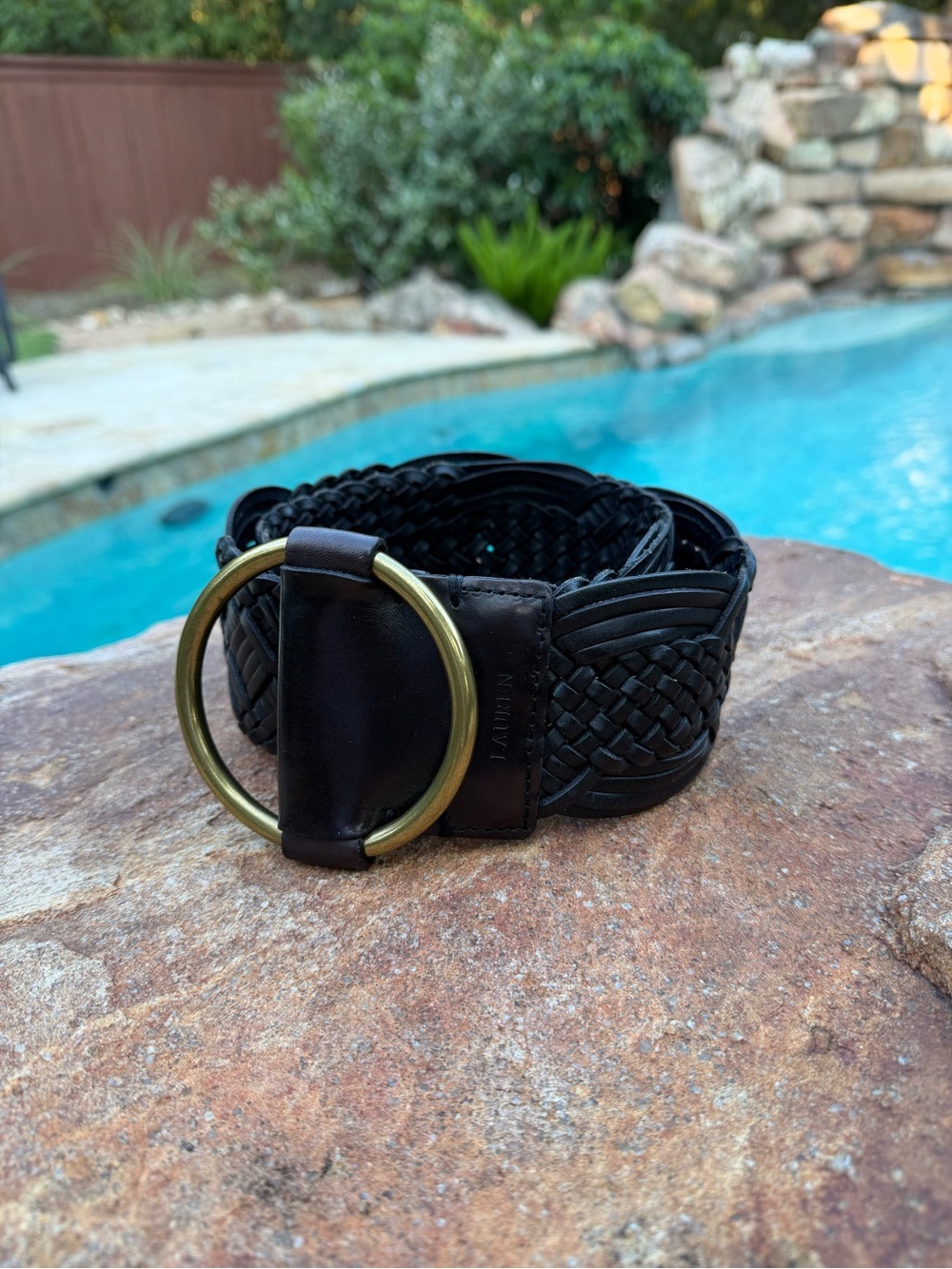 Lauren Ralph Lauren Black Woven Leather D-Ring Belt with Brass Hardware NWT